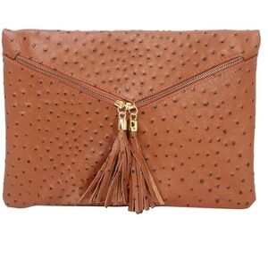 100% Italian Leather 
Ostrich Embossed Handbag
Zip Front
Cognac